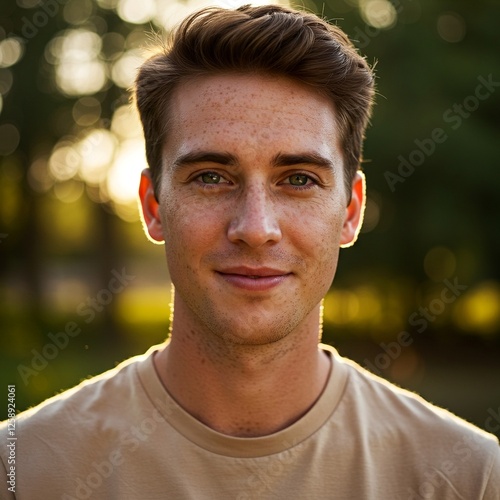 Potrait of A Smiling Young Man with Freckles in Warm Golden Hour Lighting Outdoors