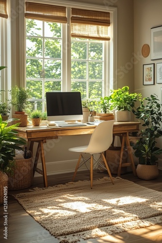 Cozy home office with plants and natural light in a bright room