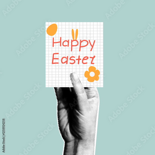 Happy Easter design card with a hand in a collage style holding a paper with a inscription.