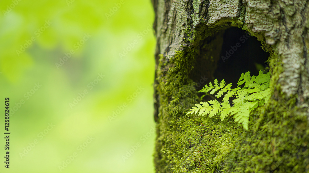 Fototapeta premium Nature's serenity lush ferns growing in tree hollow tranquil forest environment close-up view