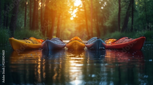Kayaks lined up on calm water during sunset in a forested area