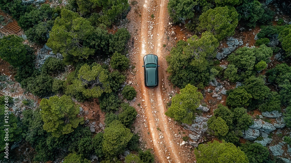 Fototapeta premium SUV drives on mountain dirt road, aerial view