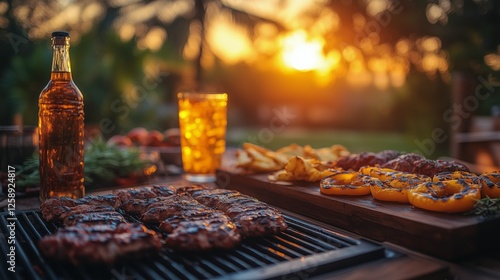 Grill party at sunset with delicious barbecue and refreshing drinks in a back...