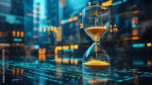 Hourglass on digital city backdrop; time, technology, future