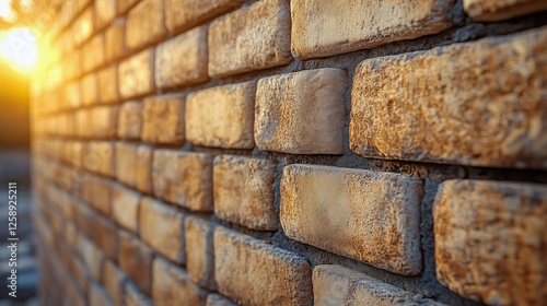 Warm sunlight illuminating a rustic brick wall during sunset