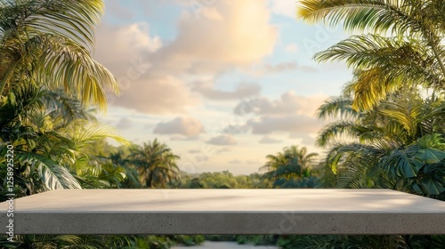 Concrete Tabletop with Palm Trees and Sky Background, tropical, nature