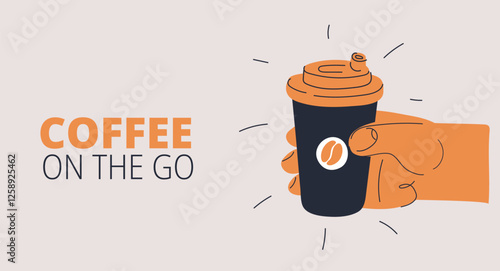 Cartoon vector illustration of a hand holding a paper coffee cup, symbolizing warmth, energy, and the start of a daily routine