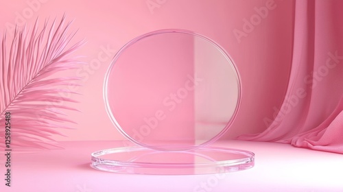 Pink Glass Podium With Palm Leaf and Fabric, 3D Rendering, Minimalist Design, Mockup, Product Display, Mockup, Presentation
