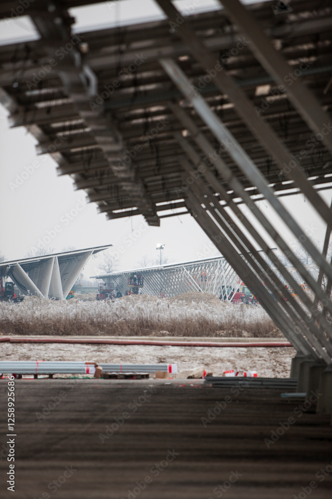 Building site of solar car park in winter. Italy Building site of solar car park in winter. Italy