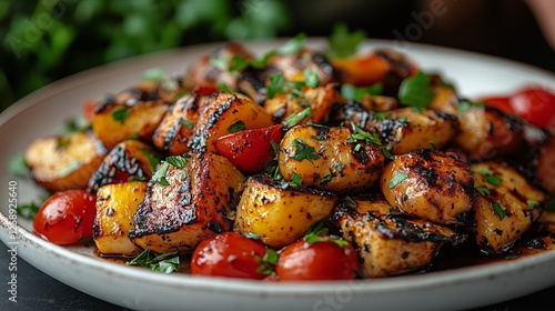 Delicious grilled vegetables with herbs and cherry tomatoes served on a white...