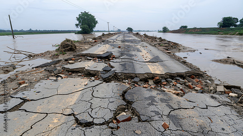 A flood-damaged road with large cracks and broken pavement, showing the destructive effects of natural disasters and the need for reconstruction.  photo