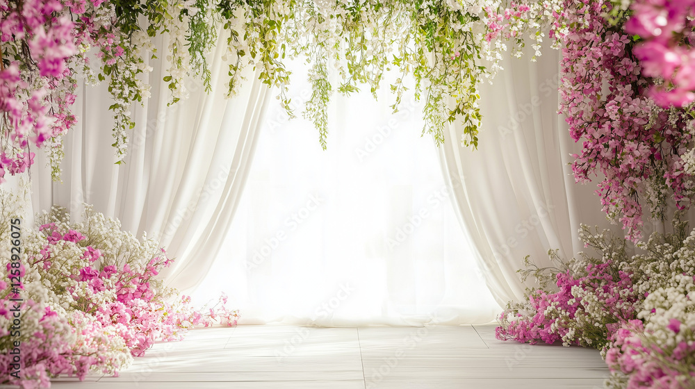 Fototapeta premium Romantic floral wedding backdrop with cascading pink and white blossoms and soft drapery for elegant ceremonies and luxury events