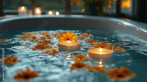 Relaxing bath with floating candles and flowers in serene setting