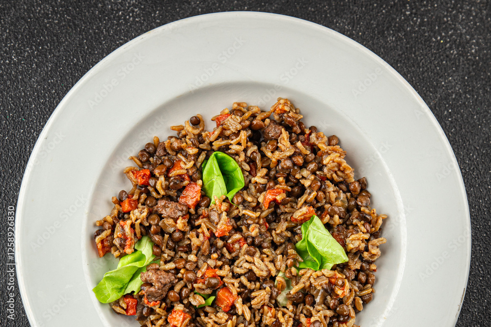 Rice lentil and vegetables snack fresh tasty food dish vegetarian vegan food no meat gourmet food background on the table rustic food top view copy space Rice lentil and vegetables snack fresh tasty food dish vegetarian vegan food no meat gourmet food background on the table rustic food top view copy space