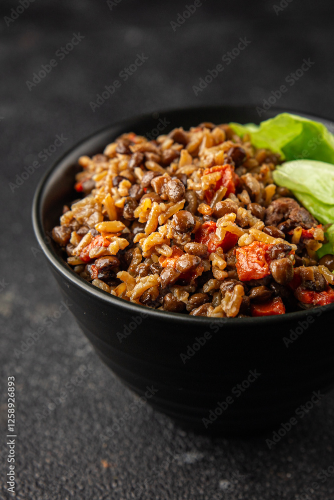 Rice lentil and vegetables snack fresh tasty food dish vegetarian vegan food no meat gourmet food background on the table rustic food top view copy space Rice lentil and vegetables snack fresh tasty food dish vegetarian vegan food no meat gourmet food background on the table rustic food top view copy space