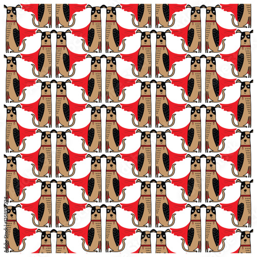 A playful pattern featuring cartoon dogs in red capes, showcasing their whimsical superhero charm against a white background.
