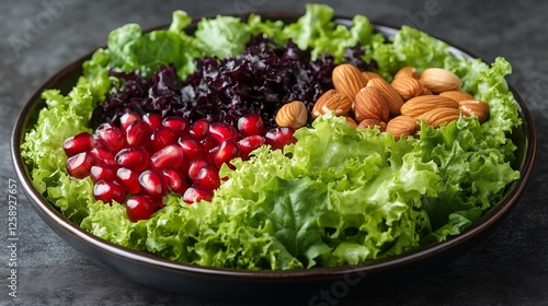 Fresh salad with greens, almonds, and pomegranate served in a bowl at a rusti...