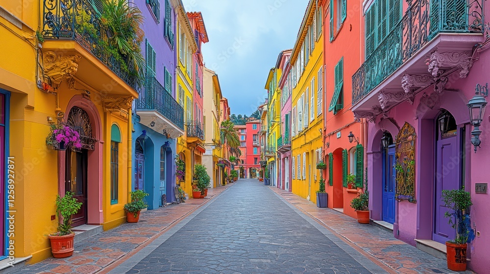 Fototapeta premium Colorful buildings line a narrow, cobblestone street.