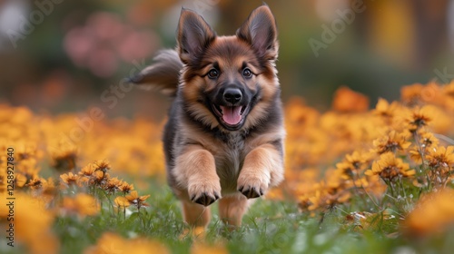 Happy puppy running through vibrant flower field on a sunny day in springtime