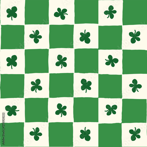 Seamless vector repeating pattern with hand drawn checkerboard in green and cream and a four leaf dark green clover shamrock. St Patricks day lucky clover background.
