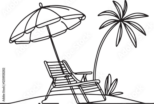 Beach Relaxation. Line Art of Parasol and Chair Vector Design