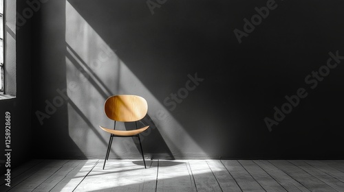 Single wooden chair in minimalistic room with sun rays casting shadows on the...