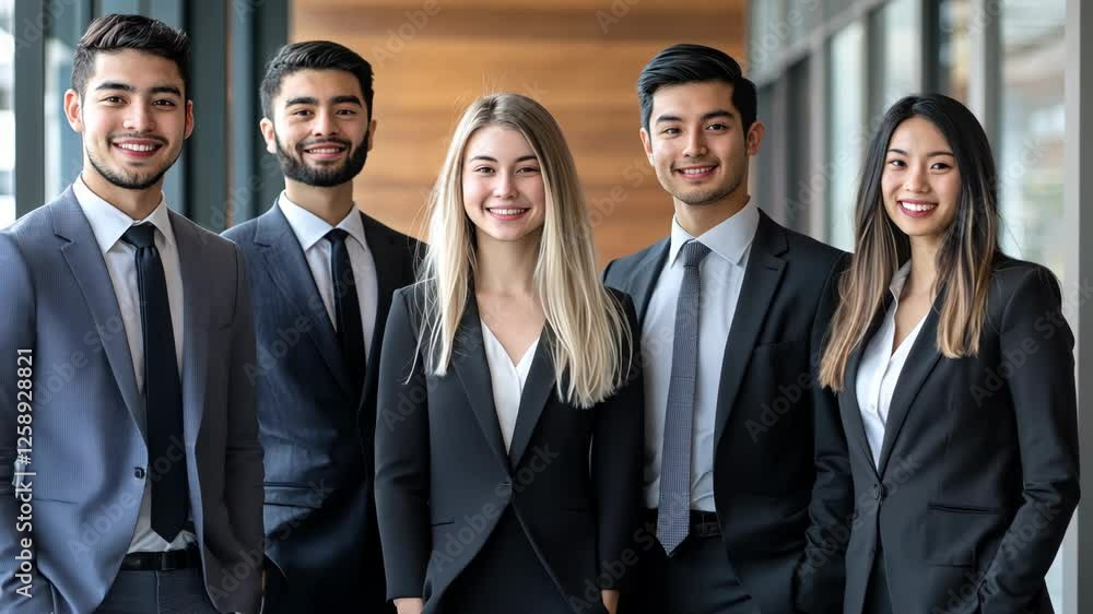 Diverse business team smiling and interacting in modern office environment Diverse business team smiling and interacting in modern office environment