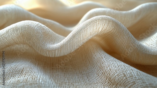 Soft, textured linen fabric draped elegantly with gentle waves in warm light ...