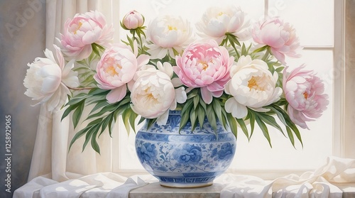 Wallpaper Mural A beautiful arrangement of peonies in a classic blue vase by the window Torontodigital.ca