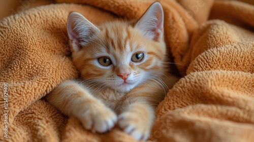 Cute orange kitten resting comfortably in a cozy blanket during a sunny after...