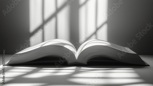 Sunlight casting shadows on an open book in a tranquil setting