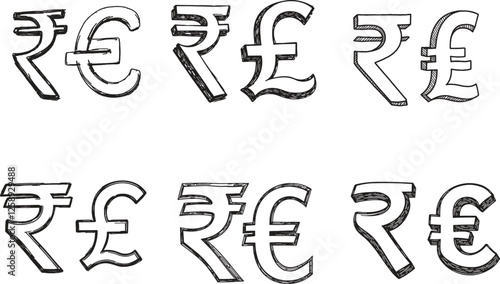 Chalk Style & Silhouette Currency Signs – Rupee, Dollar, Pound, Euro Vectors
