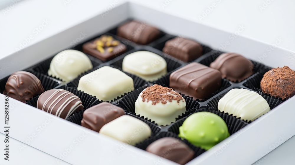 Assorted chocolates in white box, close-up view Assorted chocolates in white box, close-up view