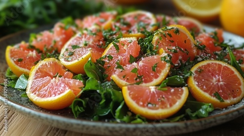 Vibrant citrus salad with greens and herbs served on a rustic plate