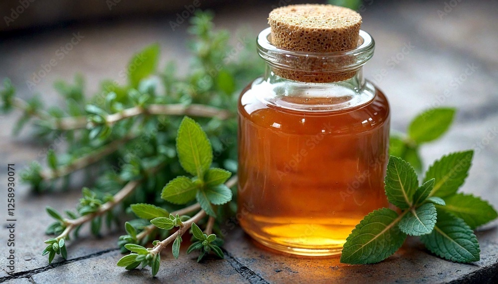 Glass jar with honey and fresh mint Glass jar with honey and fresh mint