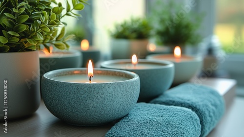 Relaxing ambiance with scented candles and greenery in a serene room setting