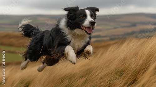 Joyful border collie leaps through golden grass in a picturesque countryside ...