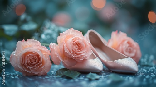 Elegant pink shoes and delicate roses arranged on a wet surface in a soft lig...