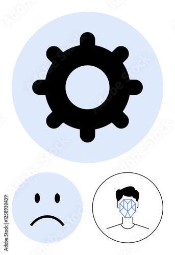 Central gear icon with facial recognition and sad face symbols suggesting technology, AI, emotions, and automation. Ideal for machine learning, AI ethics, tech innovation, emotional intelligence