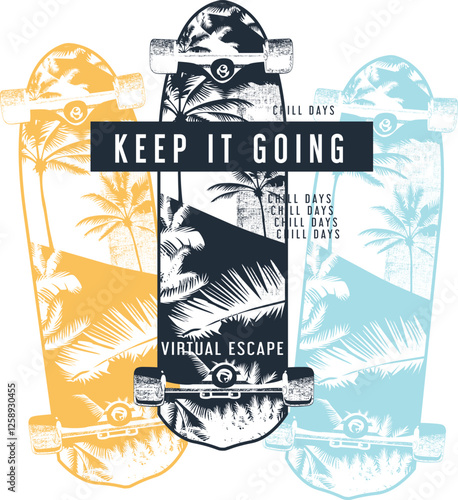 hawaii skate vector illustration, summer palm tree skateboard vector drawing