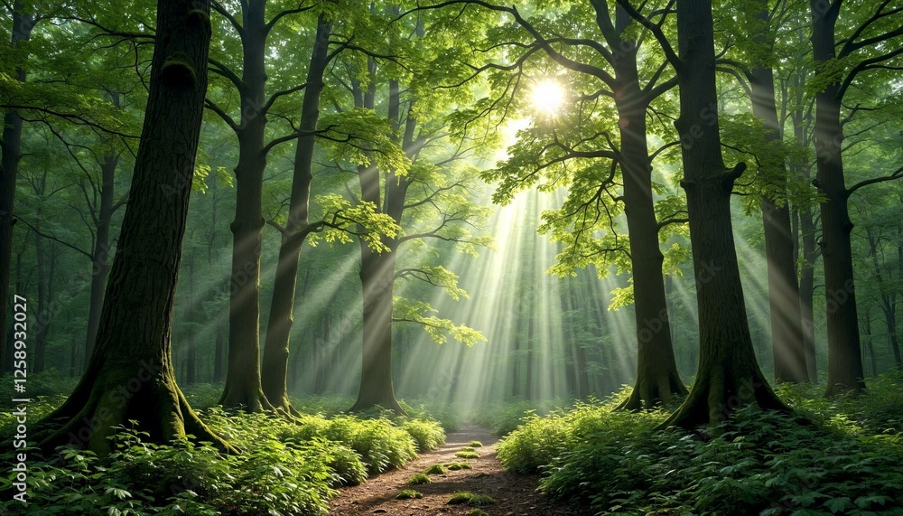 Fototapeta premium Sunlit forest with serene light rays filtering through trees