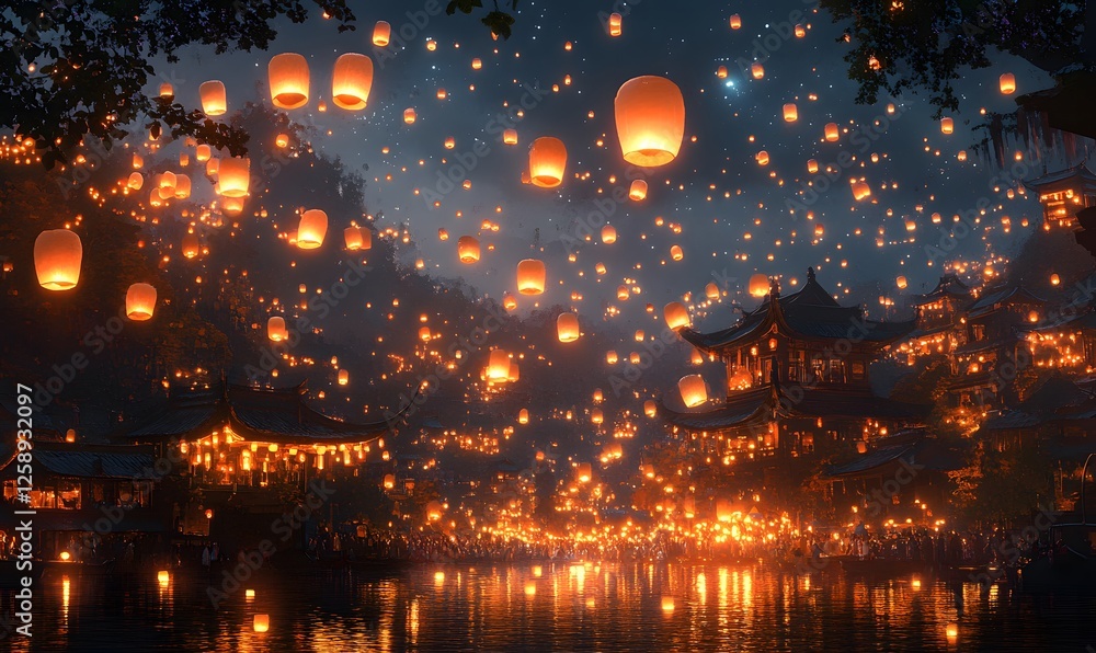 Naklejka premium A magical night view of paper lanterns floating over a village by a river at dusk