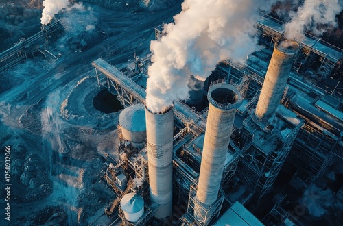 Drone Shot of a Large Factory with Smoking Chimneys – Industrial Pollution, Global Warming, Toxic Air, Fossil Fuel Emissions, and the Alarming Effects on the Environment