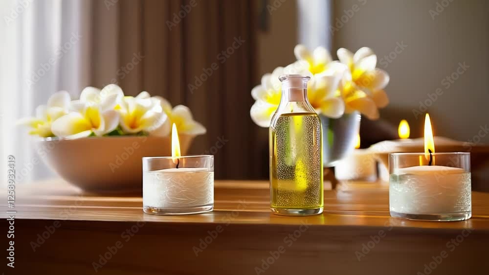 A Serene and Beautiful Table Arrangement Adorned with Flowers and Candles A Serene and Beautiful Table Arrangement Adorned with Flowers and Candles