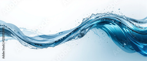 wide panoramic closeup of transparent blue water wave in white background