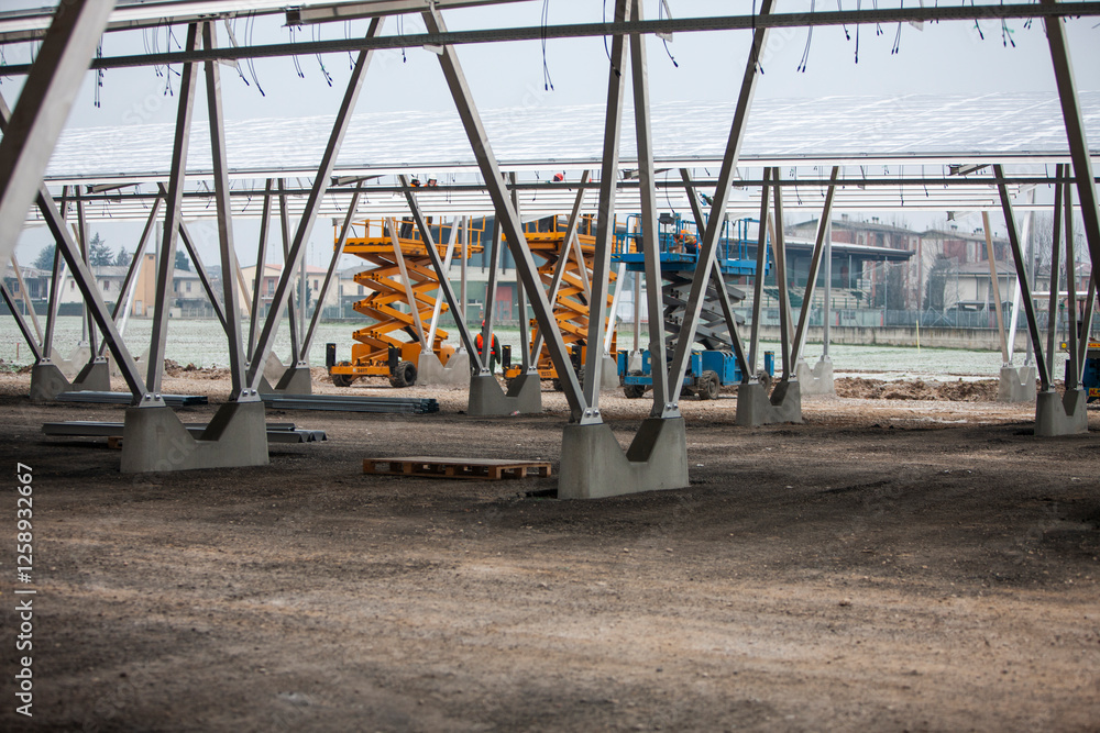 Building site of solar car park in winter. Italy Building site of solar car park in winter. Italy