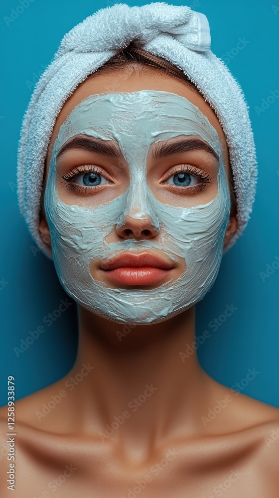 Relaxing Skincare content. young woman with glowing skin, white creamy face mask and a bright smile. Relaxing Skincare content. young woman with glowing skin, white creamy face mask and a bright smile.