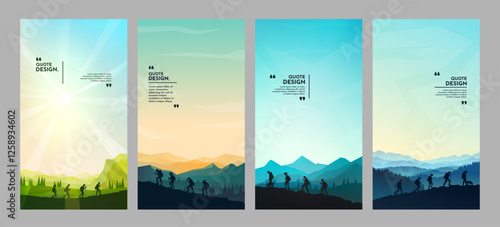 Vector illustration. Set of backgrounds with a group of hikers climbing, equipped with backpacks and walking sticks. Clear sky, nature scene landscape. Concept of friendship, teamwork and leadership
