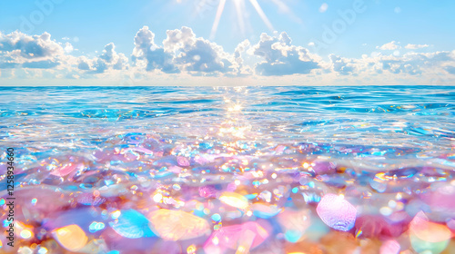 Sparkling ocean waves, sunny sky, beach background, summer vacation