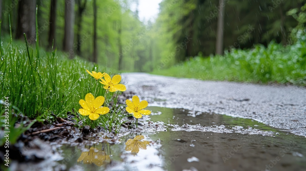 Fototapeta premium Rainy day forest path, yellow flowers, puddle reflection, nature walk